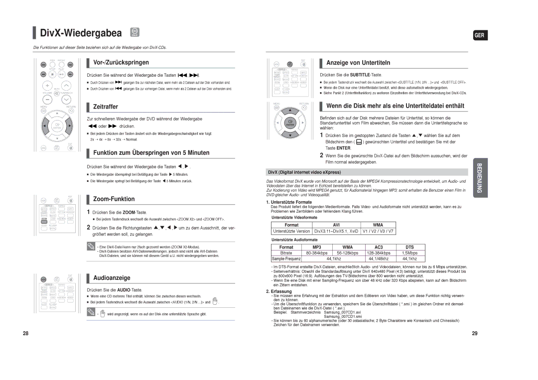 Samsung HT-TX35T/XSE, HT-TX35R/XEE, HT-TX35T/ADL, HT-X30R/XEE, HT-X30R/XEF, HT-TX35R/XEF manual DivX-Wiedergabea DivX 