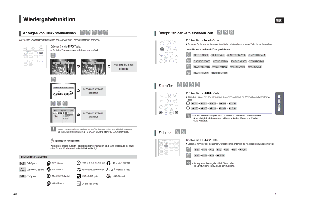 Samsung HT-X30R/XEF manual Wiedergabefunktion, Anzeigen von Disk-Informationen DVD CD MP3 Jpeg DivX, Zeitlupe DVD DivX 