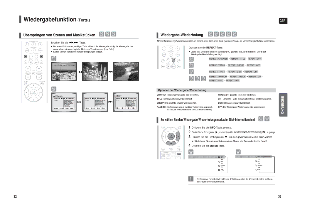 Samsung HT-TX35R/XEF, HT-TX35R/XEE manual Wiedergabefunktion Forts, Überspringen von Szenen und Musikstücken DVD CD MP3 