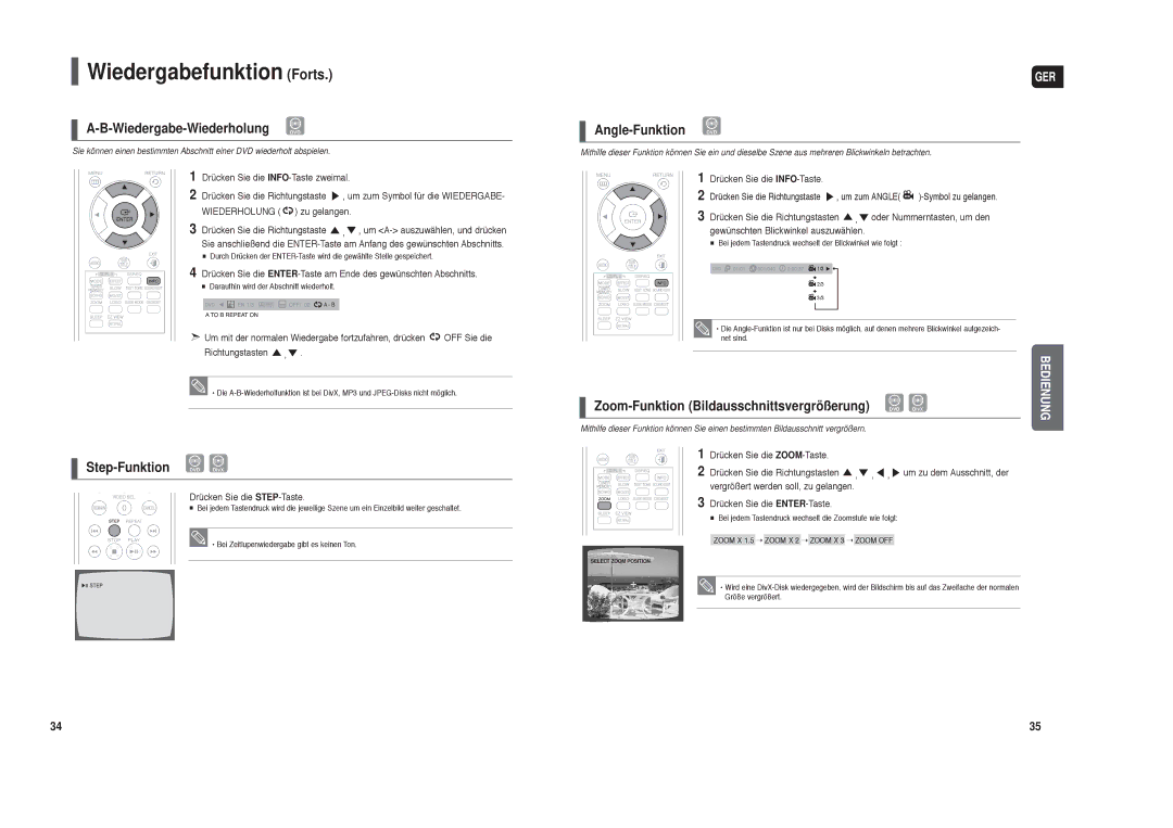 Samsung HT-TX35R/XEE, HT-TX35T/ADL Step-Funktion DVD DivX, Angle-Funktion DVD, Zoom-Funktion Bildausschnittsvergrößerung 