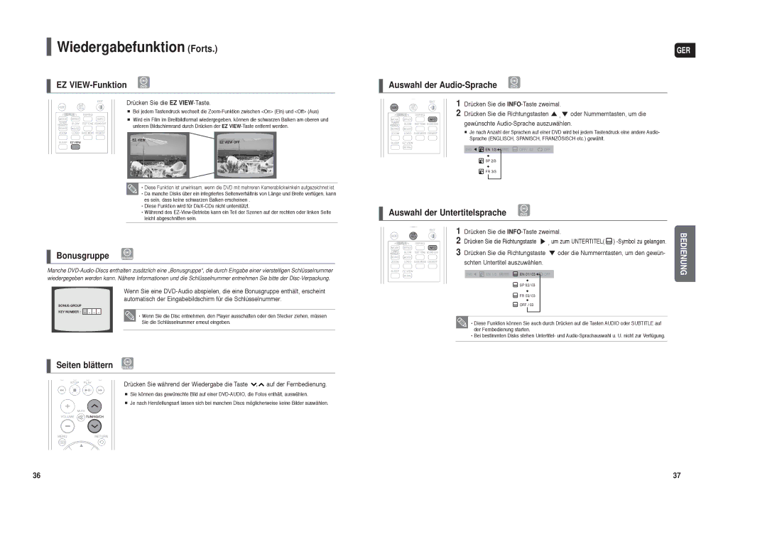 Samsung HT-TX35T/ADL EZ VIEW-Funktion DVD, Bonusgruppe DVD-AUDIO, Seiten blättern DVD-AUDIO, Auswahl der Audio-Sprache DVD 