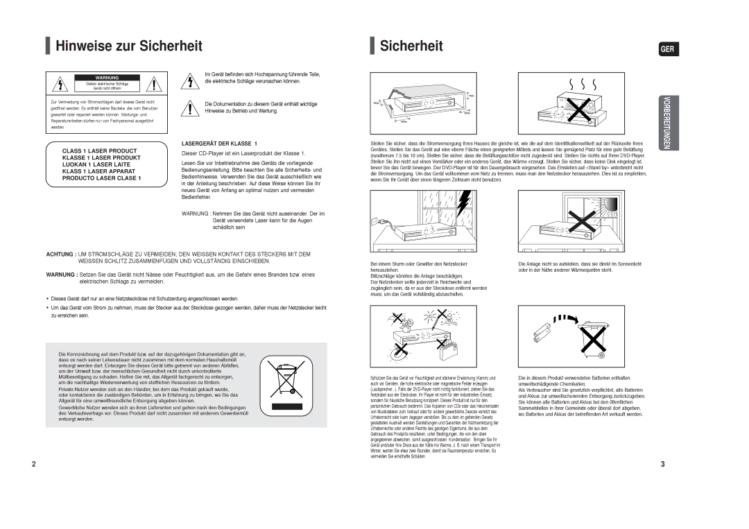 Samsung HT-X30R/XEE, HT-TX35R/XEE, HT-TX35T/ADL, HT-TX35T/XSE, HT-X30R/XEF, HT-TX35R/XEF manual Hinweise zur Sicherheit, Ger 