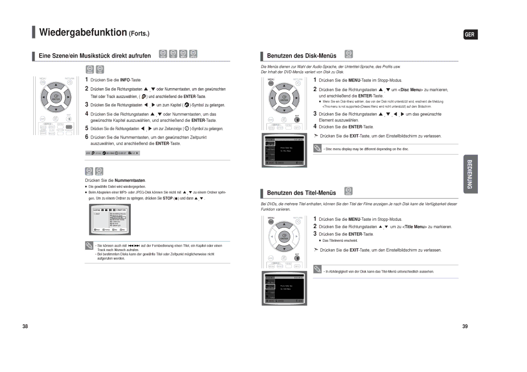 Samsung HT-X30R/XEE Eine Szene/ein Musikstück direkt aufrufen, Benutzen des Disk-Menüs DVD, Benutzen des Titel-Menüs DVD 