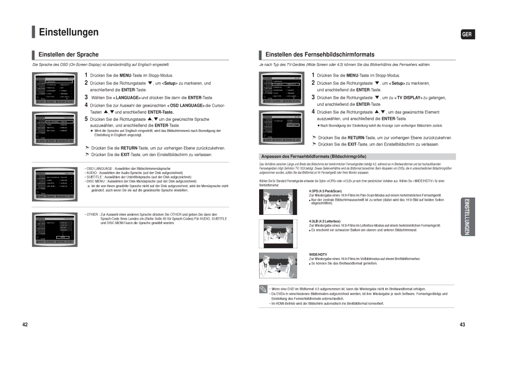 Samsung HT-X30R/XEF, HT-TX35R/XEE manual Einstellungen, Einstellen der Sprache, Einstellen des Fernsehbildschirmformats 