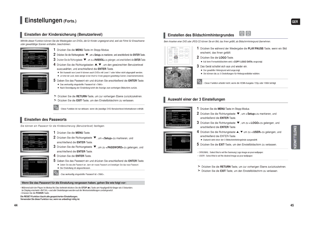 Samsung HT-TX35R/XEF manual Einstellungen Forts, Einstellen der Kindersicherung Benutzerlevel, Einstellen des Passworts 