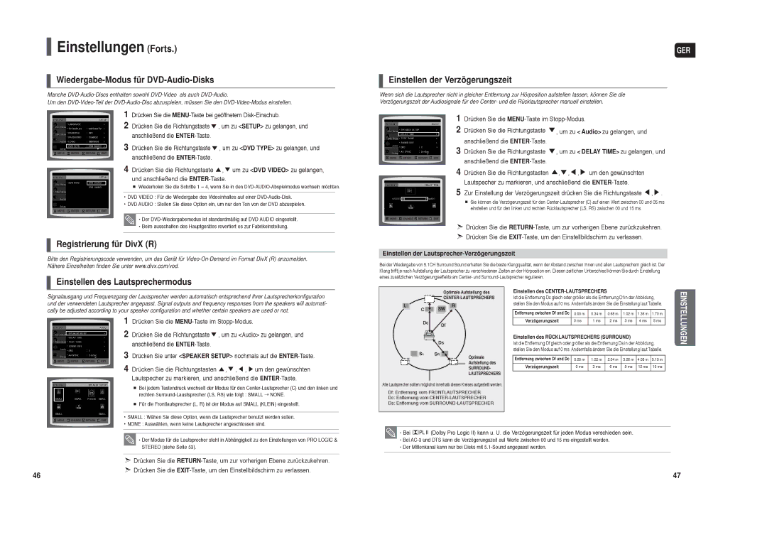 Samsung HT-TX35R/XEE manual Wiedergabe-Modus für DVD-Audio-Disks, Registrierung für DivX R Einstellen des Lautsprechermodus 