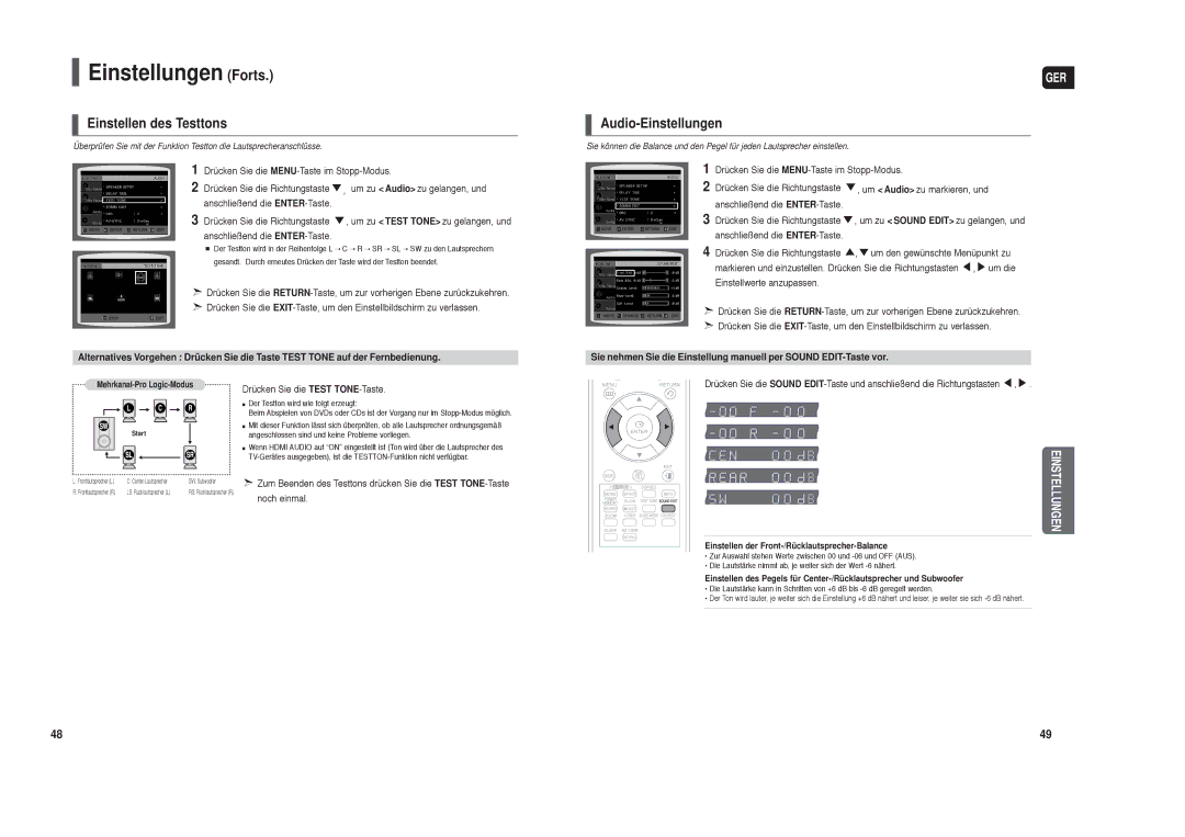 Samsung HT-TX35T/ADL manual Einstellen des Testtons, Audio-Einstellungen, Drücken Sie die Test TONE-Taste, Noch einmal 