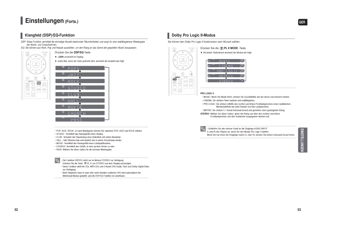 Samsung HT-TX35T/XSE, HT-TX35R/XEE manual Klangfeld DSP/EQ-Funktion, Dolby Pro Logic II-Modus, Drücken Sie die DSP/EQ-Taste 