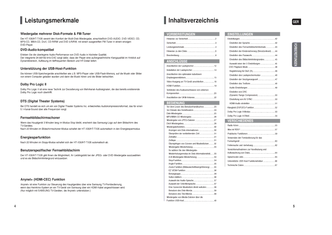Samsung HT-TX35T/XSE, HT-TX35R/XEE, HT-TX35T/ADL, HT-X30R/XEE, HT-X30R/XEF, HT-TX35R/XEF Leistungsmerkmale, Inhaltsverzeichnis 