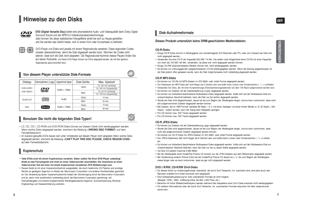 Samsung HT-X30R/XEF manual Hinweise zu den Disks, CD-R-Disks, CD-R MP3-Disks, CD-R JPEG-Disks, DVD R/RW, CD-R/RW DivX-Disks 