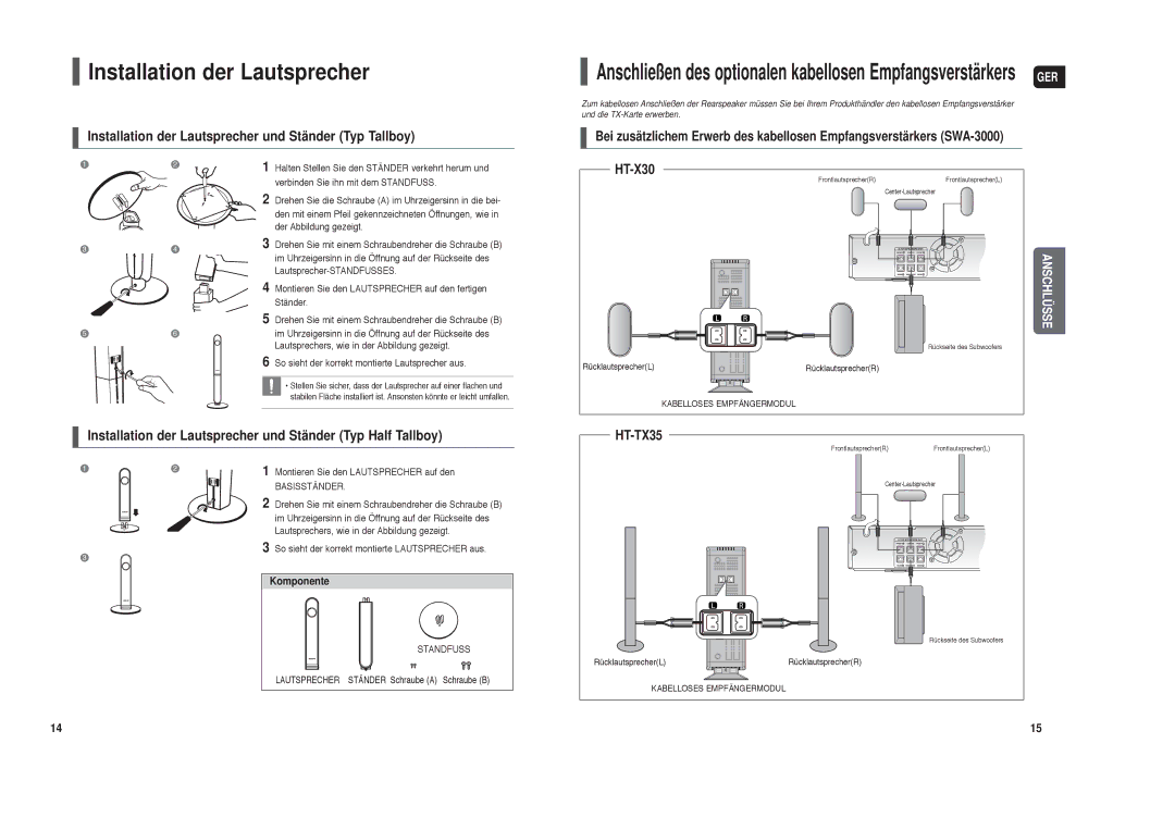 Samsung HT-X30R/XEE, HT-TX35R/XEE, HT-TX35T/ADL manual Installation der Lautsprecher und Ständer Typ Tallboy, Komponente 