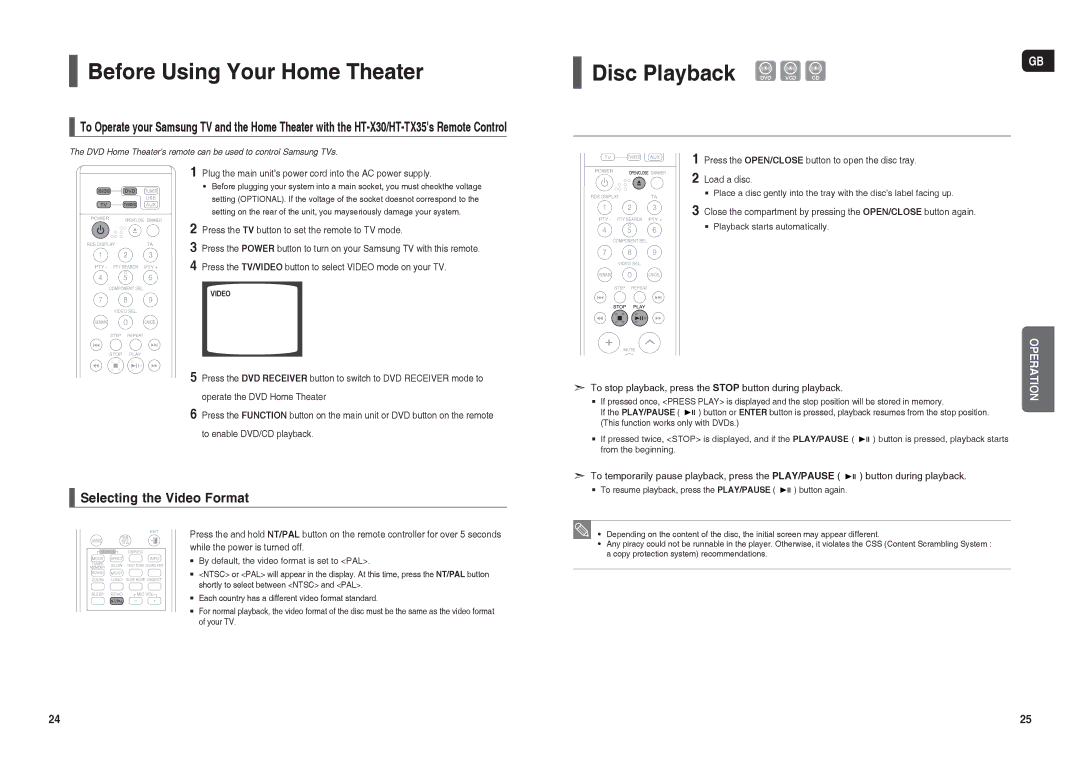 Samsung HT-X30R/XEE, HT-TX35R/XEE, HT-TX35R/NWT Before Using Your Home Theater, Disc Playback, Selecting the Video Format 