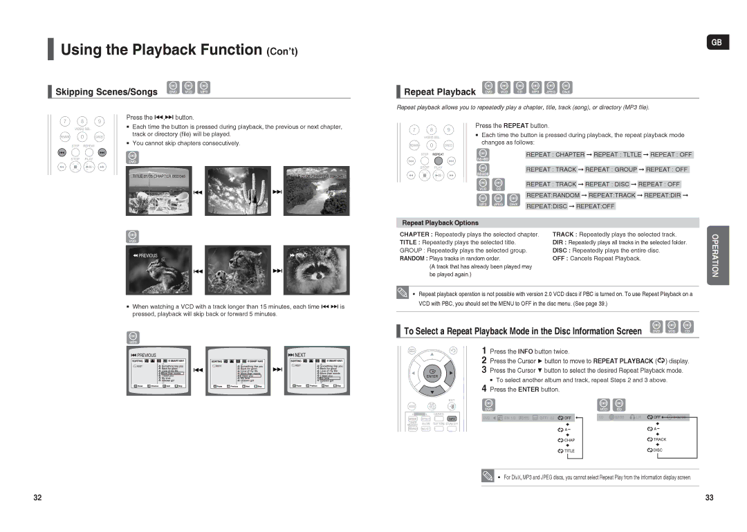 Samsung HT-X30R/XEE, HT-TX35R/XEE manual Using the Playback Function Con’t, Skipping Scenes/Songs, Repeat Playback Options 