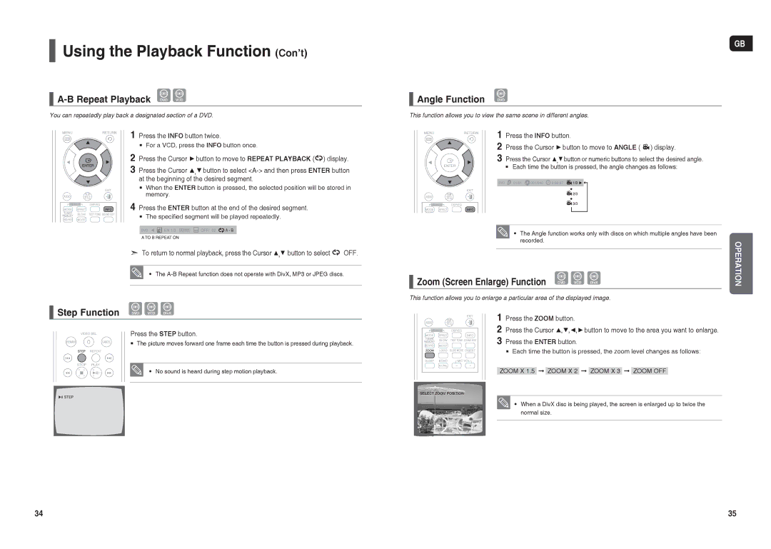 Samsung HT-TX35R/NWT, HT-TX35R/XEE, HT-X30R/XEE, HT-X30R/NWT manual Repeat Playback DVD VCD, Step Function, Angle Function 