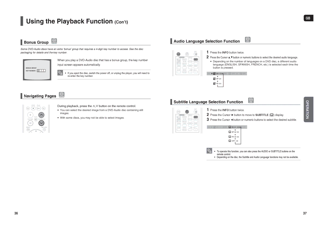 Samsung HT-X30R/NWT manual Bonus Group DVD-AUDIO, Audio Language Selection Function, Subtitle Language Selection Function 