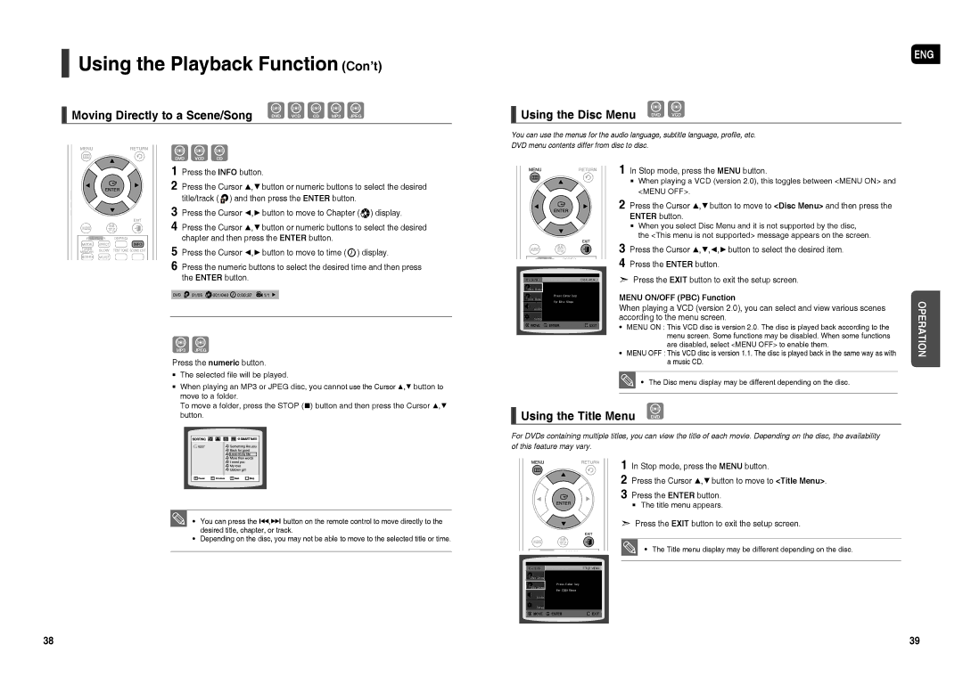 Samsung HT-TX35R/XEE Moving Directly to a Scene/Song, Using the Disc Menu, Using the Title Menu, Menu ON/OFF PBC Function 