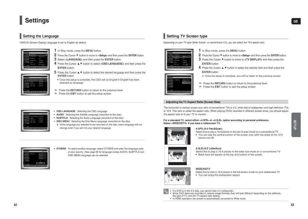 Samsung HT-TX35R/NWT, HT-TX35R/XEE, HT-X30R/XEE, HT-X30R/NWT manual Settings, Setting the Language, Setting TV Screen type 