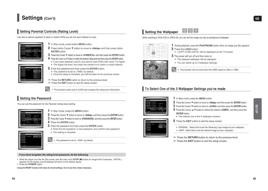 Samsung HT-X30R/NWT, HT-TX35R/XEE manual Settings Con’t, Setting Parental Controls Rating Level, Setting the Wallpaper 