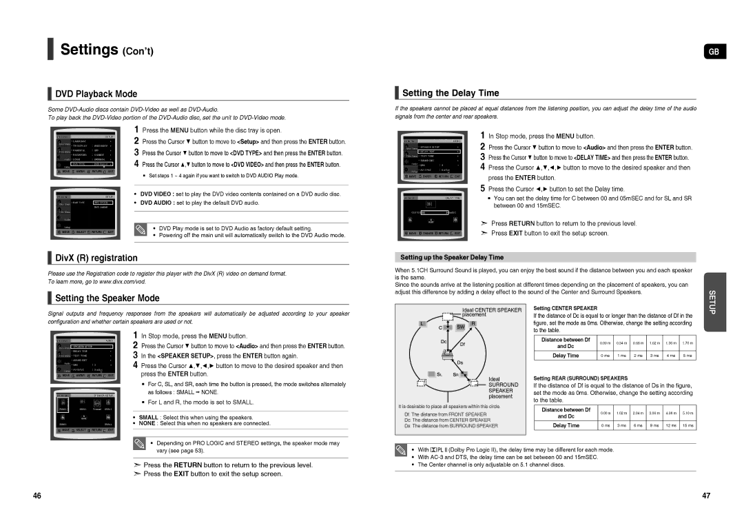 Samsung HT-TX35R/XEE, HT-X30R/XEE DVD Playback Mode, Setting the Delay Time, DivX R registration Setting the Speaker Mode 