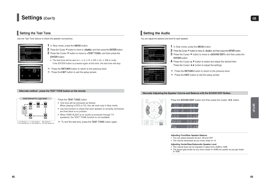 Samsung HT-X30R/XEE Setting the Test Tone, Setting the Audio, Press the Return button to return to the previous level 