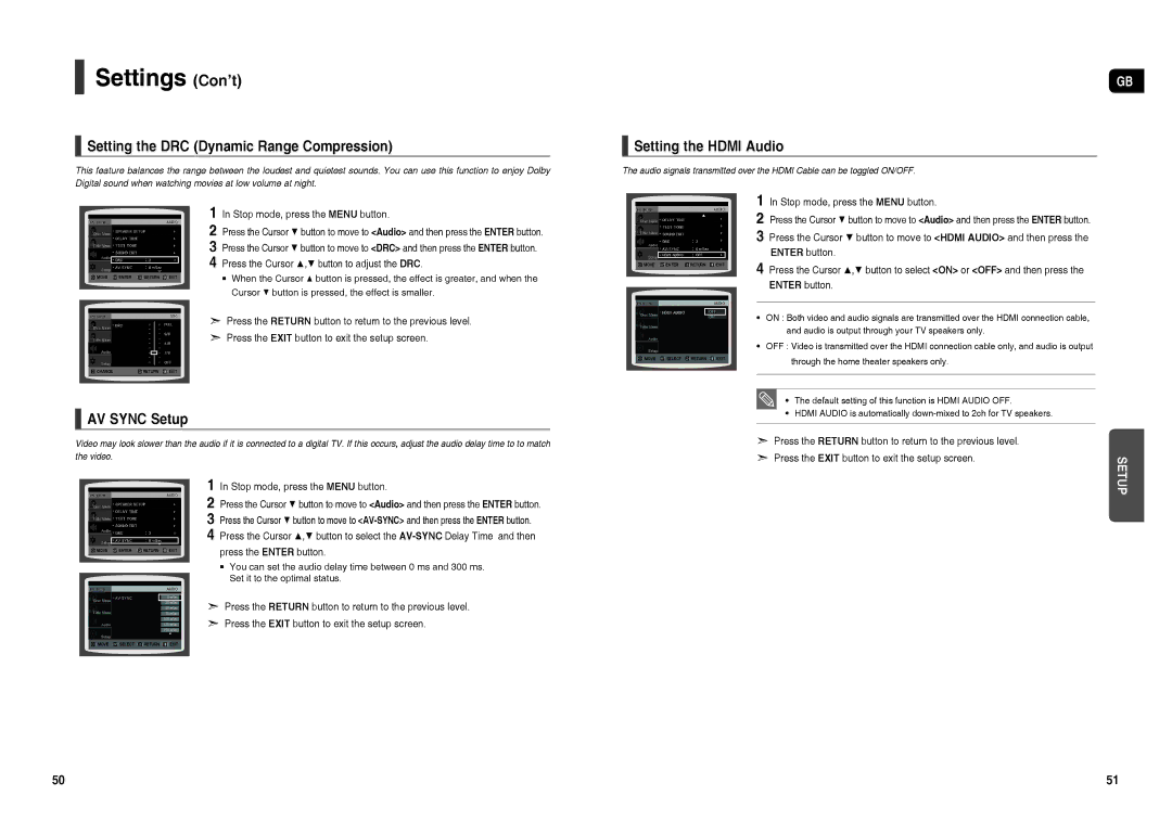 Samsung HT-TX35R/NWT, HT-TX35R/XEE manual Setting the DRC Dynamic Range Compression, Setting the Hdmi Audio, AV Sync Setup 