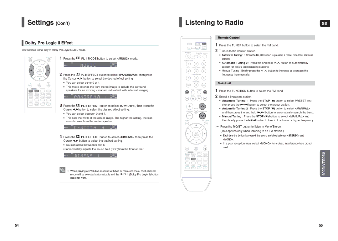 Samsung HT-TX35R/XEE, HT-X30R/XEE, HT-TX35R/NWT Listening to Radio, Dolby Pro Logic II Effect, Remote Control, Main Unit 