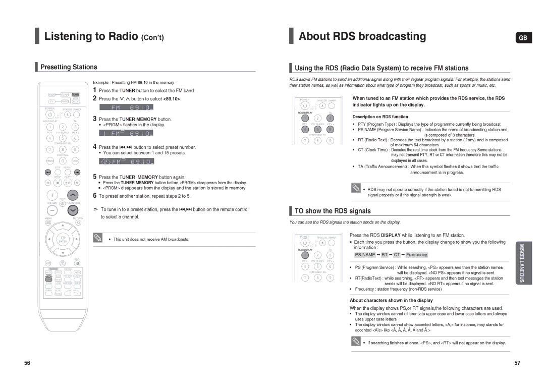 Samsung HT-X30R/XEE manual Listening to Radio Con’t, About RDS broadcasting, Presetting Stations, To show the RDS signals 