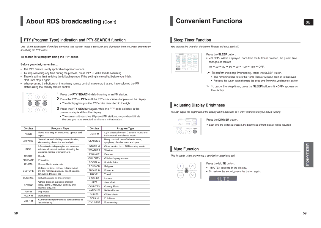 Samsung HT-TX35R/NWT, HT-TX35R/XEE, HT-X30R/XEE, HT-X30R/NWT manual About RDS broadcasting Con’t, Convenient Functions 