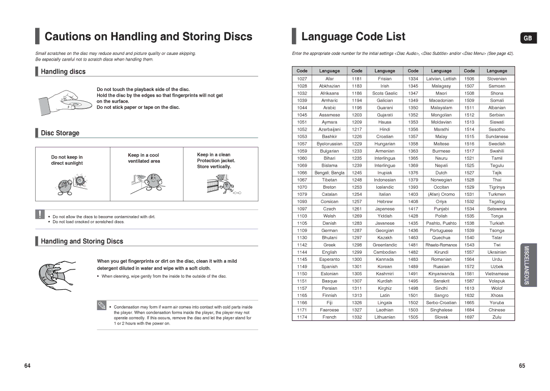 Samsung HT-X30R/XEE manual Language Code List, Handling discs, Disc Storage, Handling and Storing Discs, Code Language 