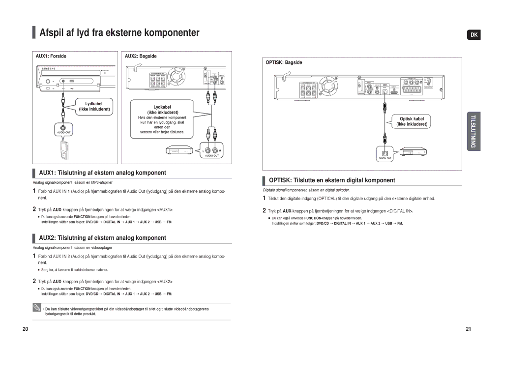 Samsung HT-X30R/XEE manual AUX1 Tilslutning af ekstern analog komponent, AUX2 Tilslutning af ekstern analog komponent 