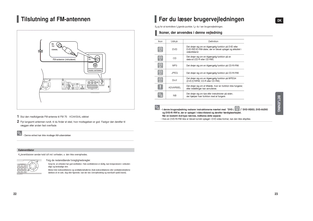 Samsung HT-TX35R/XEE Tilslutning af FM-antennen, Før du læser brugervejledningen, Ikoner, der anvendes i denne vejledning 