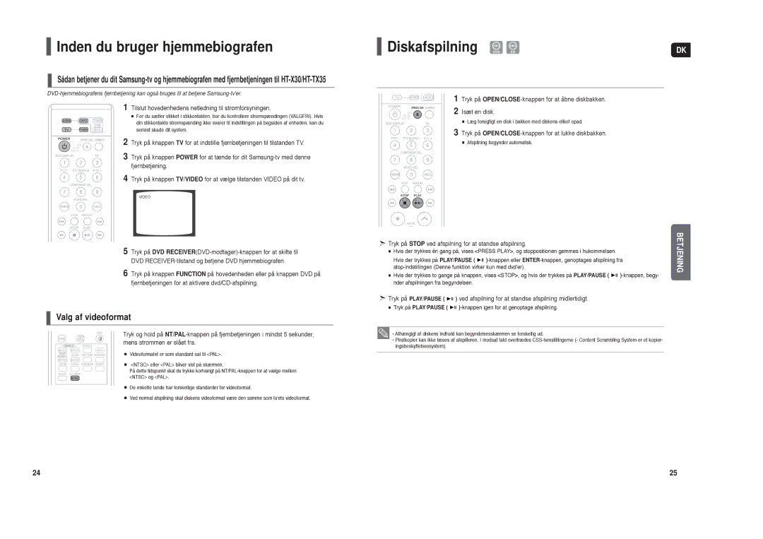 Samsung HT-X30R/XEE, HT-TX35R/XEE manual Diskafspilning DVD CD, Tryk på OPEN/CLOSE-knappen for at lukke diskbakken 