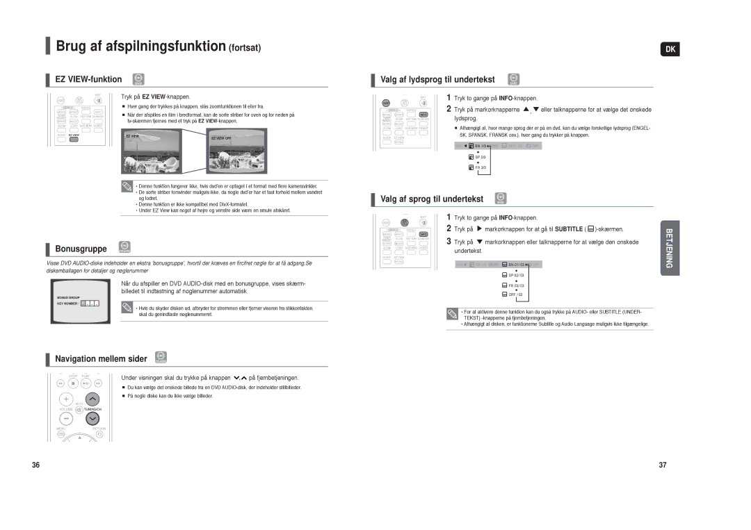 Samsung HT-X30R/XEE, HT-TX35R/XEE manual EZ VIEW-funktion, Bonusgruppe DVD-AUDIO, Navigation mellem sider DVD -AUDIO 