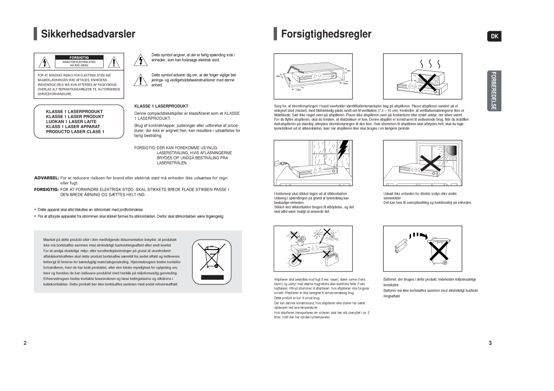 Samsung HT-TX35R/XEE, HT-X30R/XEE manual Sikkerhedsadvarsler ForsigtighedsreglerDK 