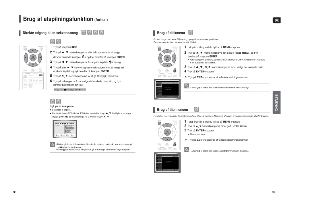 Samsung HT-TX35R/XEE, HT-X30R/XEE manual Direkte adgang til en sekvens/sang, Brug af diskmenu DVD, Brug af titelmenuen 