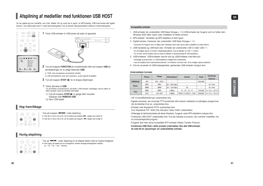 Samsung HT-X30R/XEE, HT-TX35R/XEE manual Hop frem/tilbage, Tryk på knappen under afspilning, Kompatible enheder 