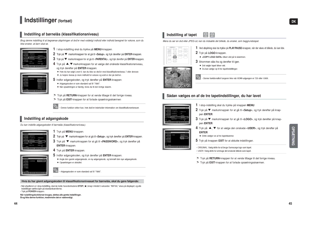 Samsung HT-X30R/XEE, HT-TX35R/XEE manual Indstillinger fortsat, Indstilling af adgangskode 