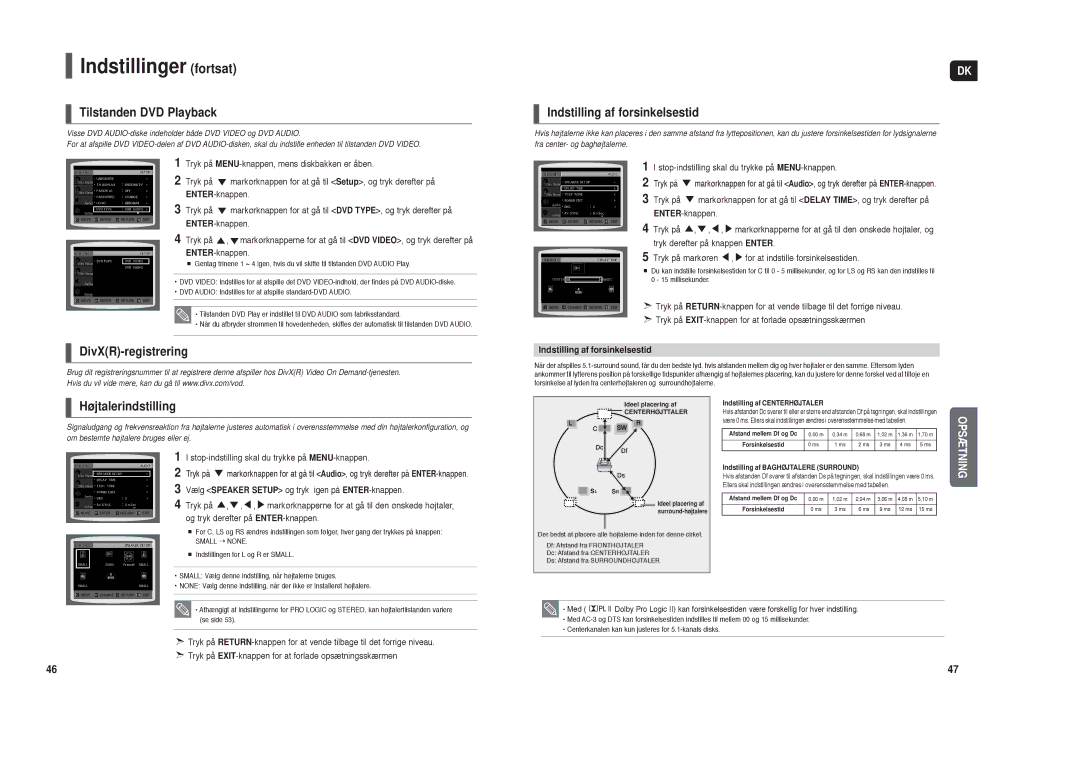 Samsung HT-TX35R/XEE Tilstanden DVD Playback, Indstilling af forsinkelsestid, DivXR-registrering, Højtalerindstilling 