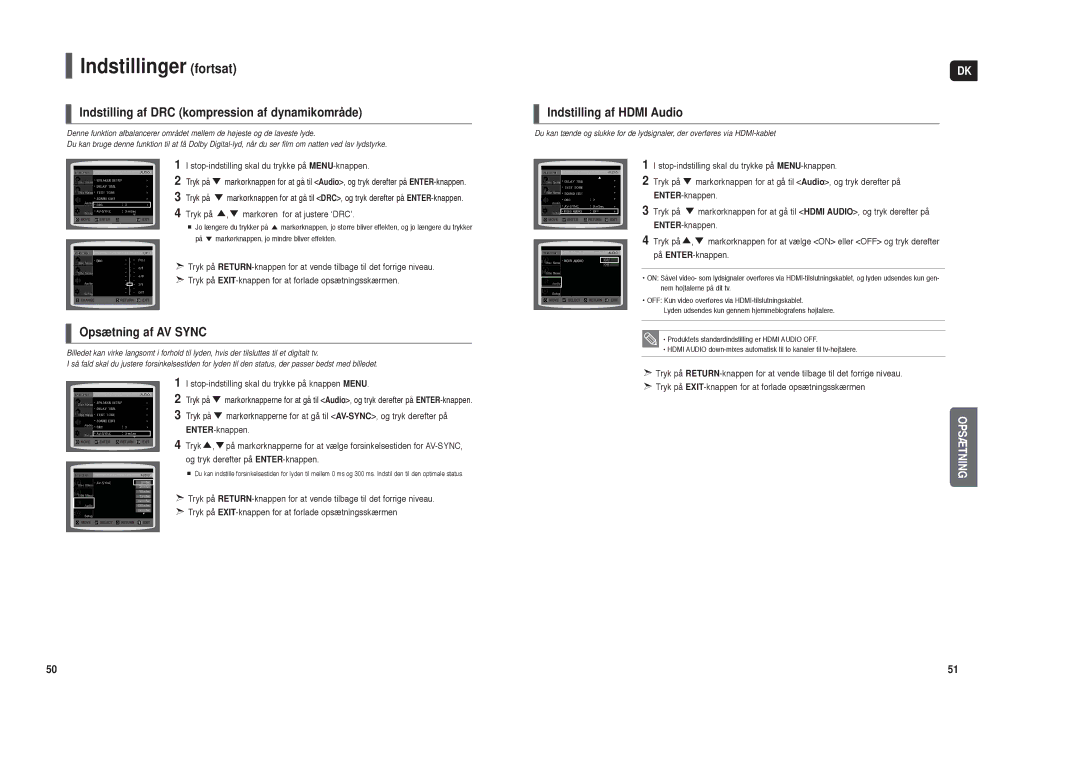 Samsung HT-TX35R/XEE Indstilling af DRC kompression af dynamikområde, Opsætning af AV Sync, Indstilling af Hdmi Audio 