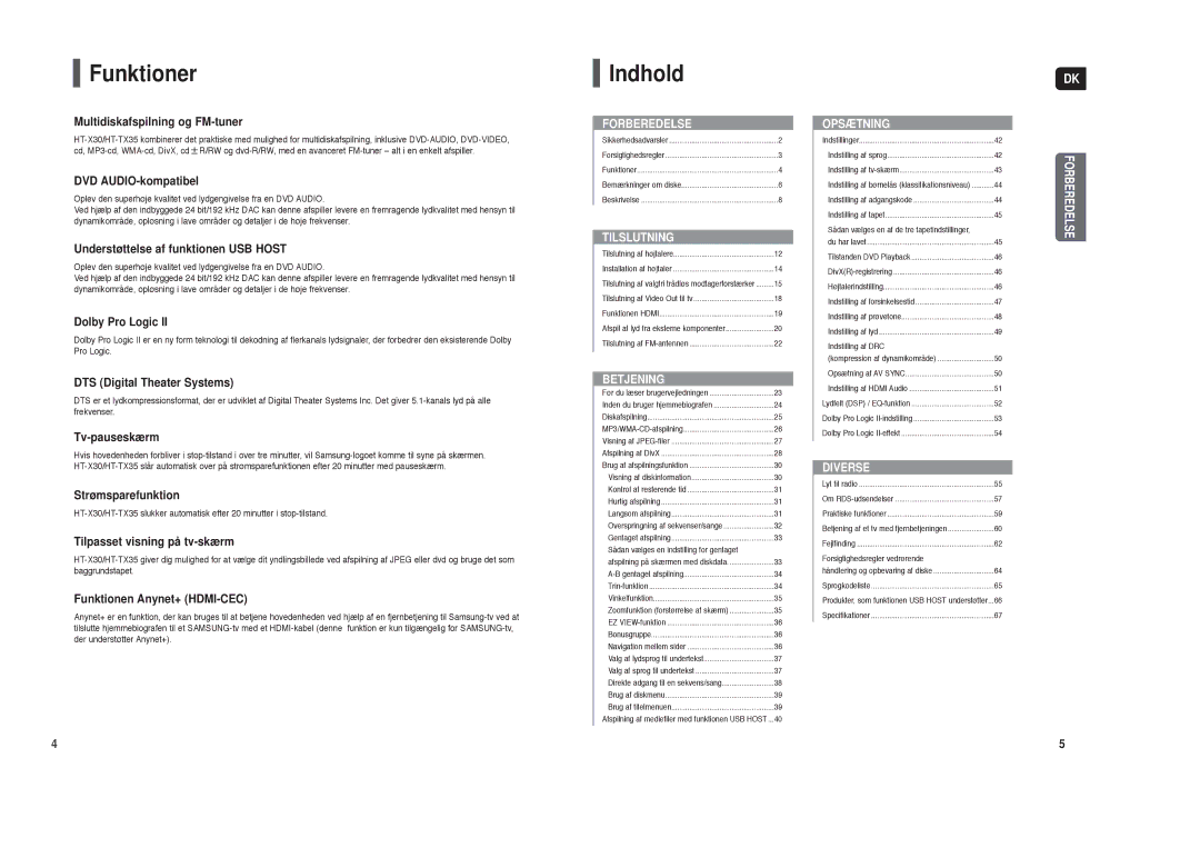 Samsung HT-X30R/XEE, HT-TX35R/XEE manual Funktioner, Indhold, Dolby Pro Logic 