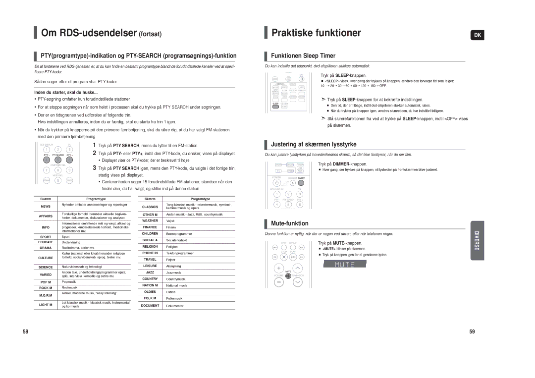 Samsung HT-TX35R/XEE, HT-X30R/XEE Om RDS-udsendelser fortsat, Praktiske funktioner, Funktionen Sleep Timer, Mute-funktion 