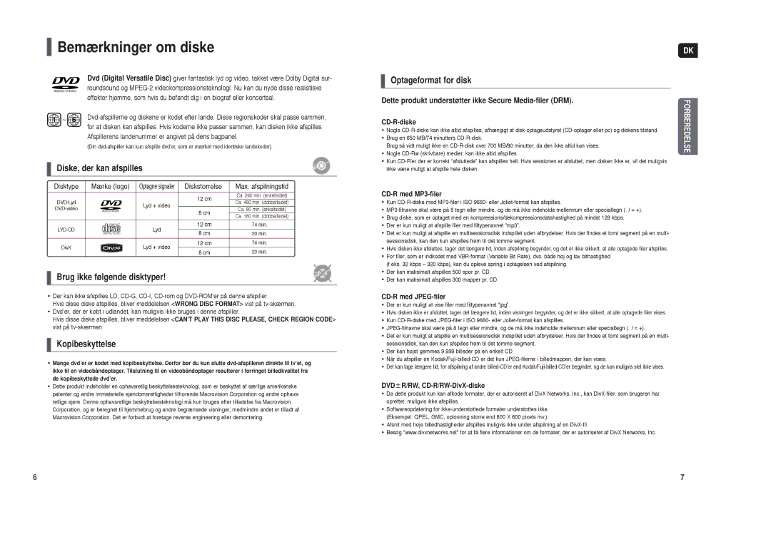 Samsung HT-TX35R/XEE, HT-X30R/XEE manual Bemærkninger om diske, Dette produkt understøtter ikke Secure Media-filer DRM 