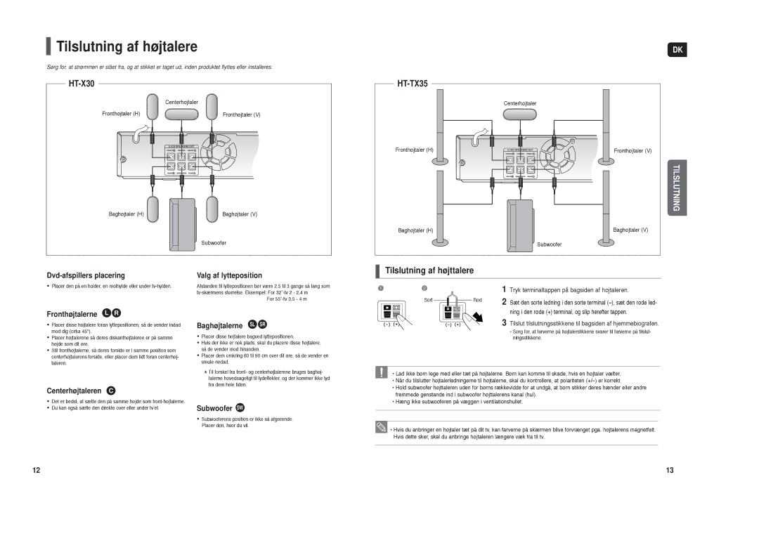 Samsung HT-X30R/XEE, HT-TX35R/XEE manual Tilslutning af højtalere, Tilslutning af højttalere 