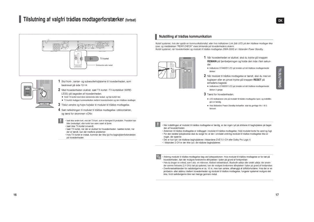 Samsung HT-X30R/XEE, HT-TX35R/XEE manual Tilslutning af valgfri trådløs modtagerforstærker fortsat, Tænd for hovedenheden 