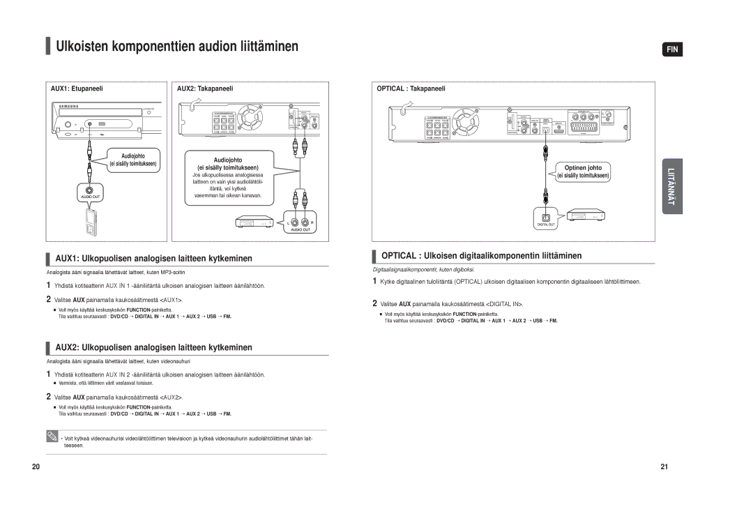 Samsung HT-X30R/XEE AUX1 Ulkopuolisen analogisen laitteen kytkeminen, AUX2 Ulkopuolisen analogisen laitteen kytkeminen 