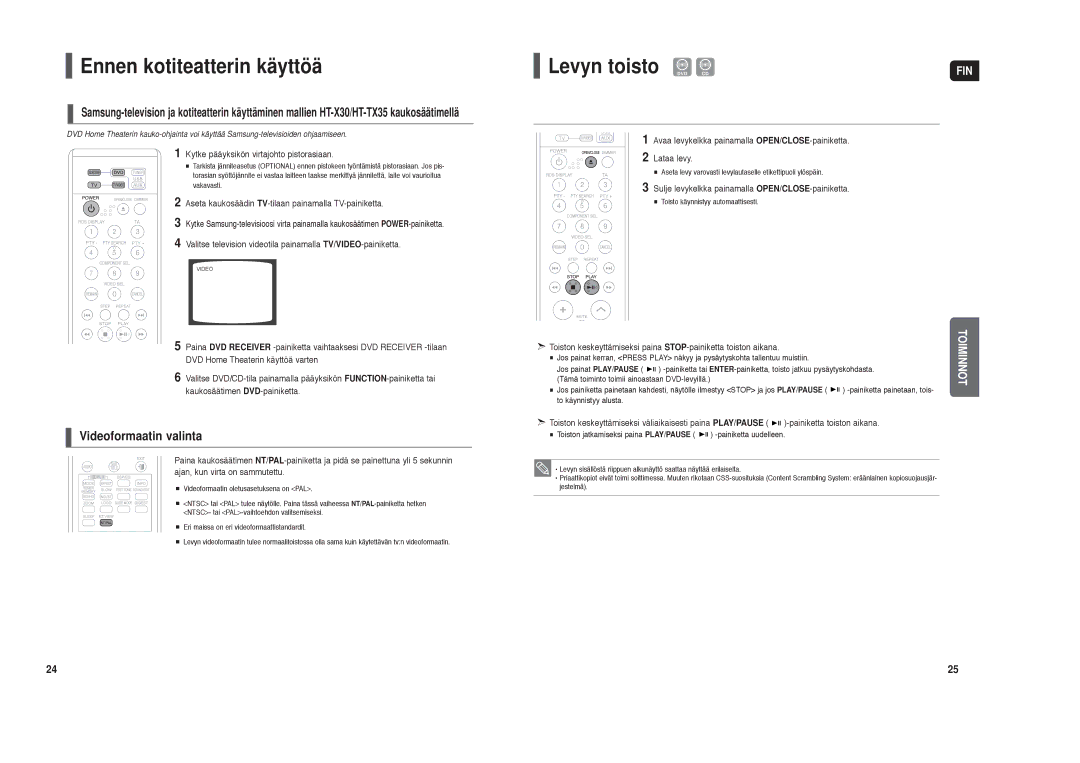 Samsung HT-X30R/XEE, HT-TX35R/XEE manual Ennen kotiteatterin käyttöä, Levyn toisto DVD CD, Videoformaatin valinta 