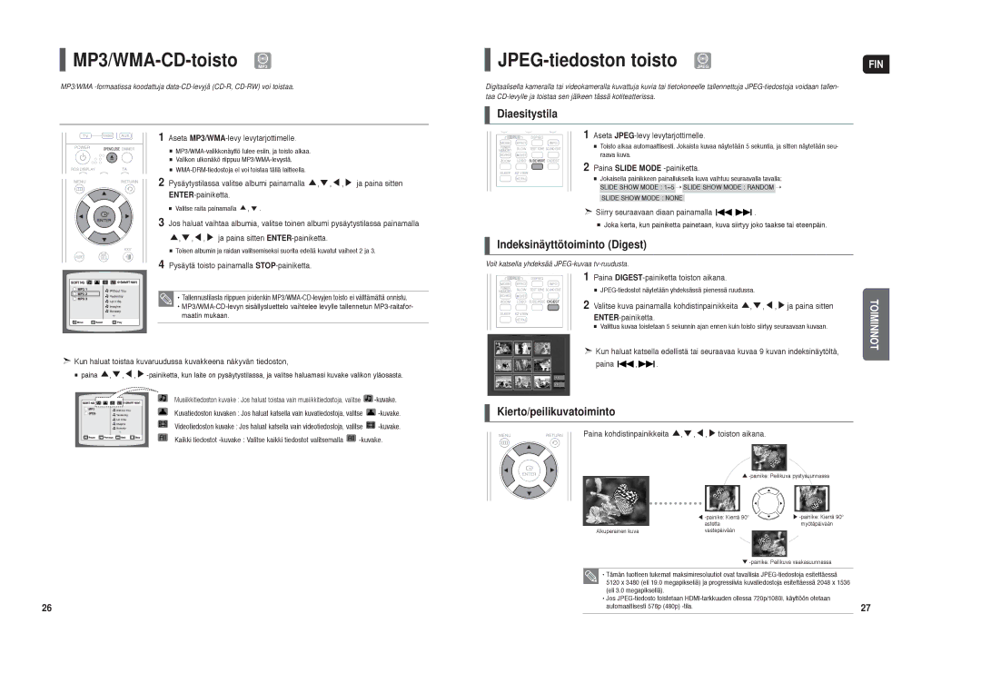 Samsung HT-TX35R/XEE manual MP3/WMA-CD-toisto MP3, JPEG-tiedoston toisto Jpeg, Diaesitystila, Indeksinäyttötoiminto Digest 