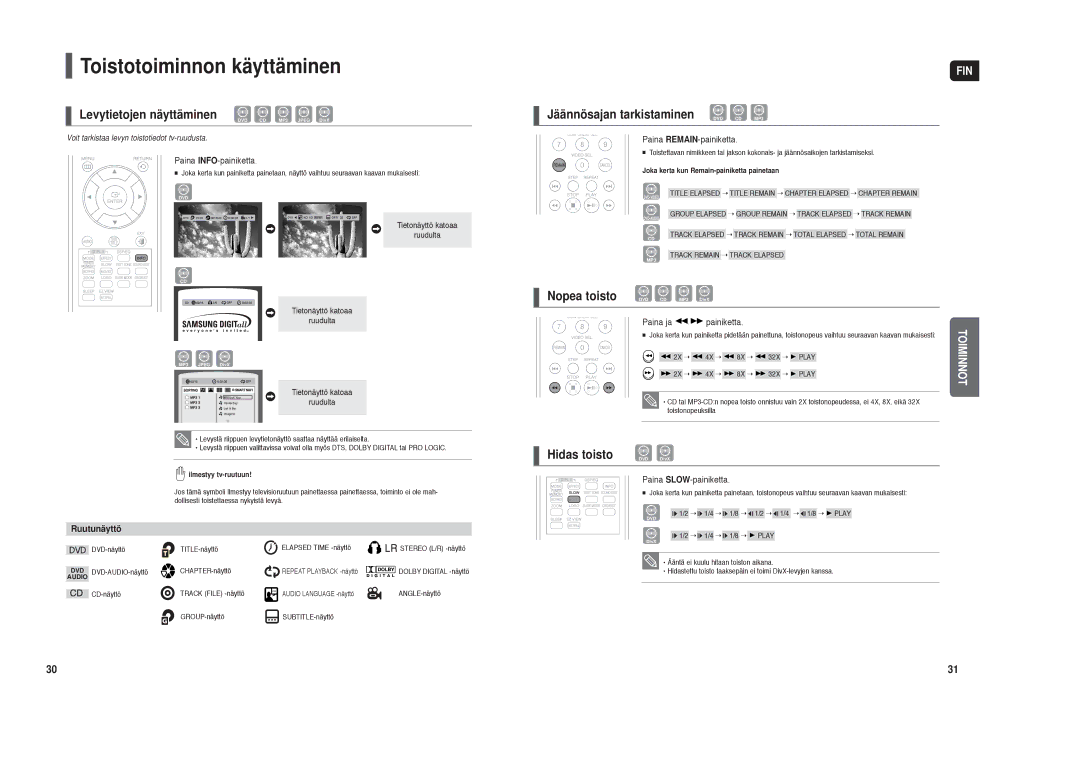 Samsung HT-TX35R/XEE manual Toistotoiminnon käyttäminen, Levytietojen näyttäminen, Jäännösajan tarkistaminen, Hidas toisto 