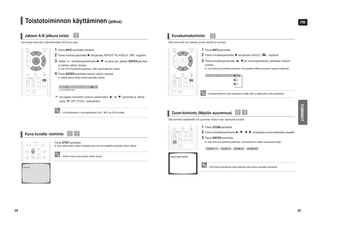 Samsung HT-TX35R/XEE, HT-X30R/XEE manual Jakson A-B jatkuva toisto DVD, Kuva kuvalta -toiminto DVD DivX, Kuvakulmatoiminto 