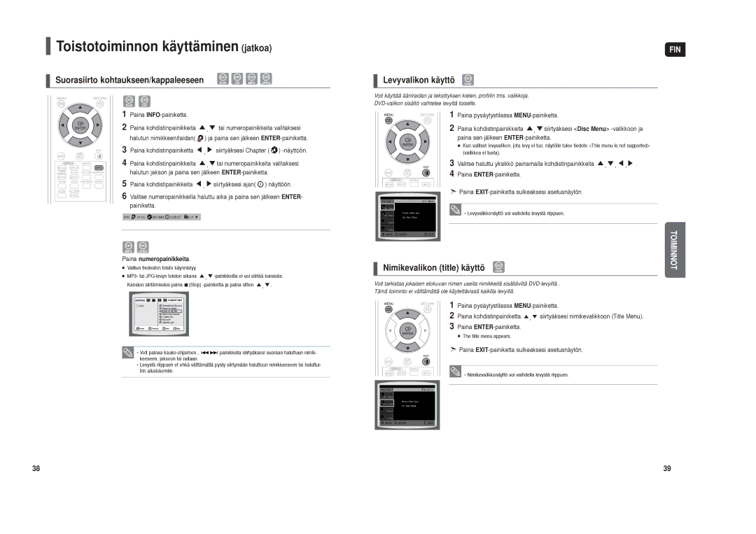 Samsung HT-TX35R/XEE, HT-X30R/XEE Suorasiirto kohtaukseen/kappaleeseen, Levyvalikon käyttö, Nimikevalikon title käyttö DVD 